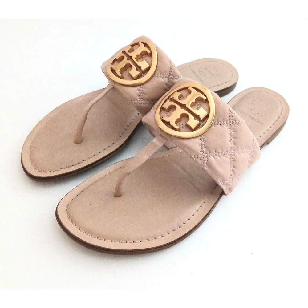 Tory Burch Benton Band Thong Sandal Tan Quilt Leather Brushed Gold Logo 8.5M
